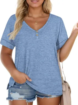 ROSRISS Plus Size Tops for Women Casual V-Neck Side Split Blouses Loose Fit Short Sleeve Tees Summer Cozy Buttons Shirts