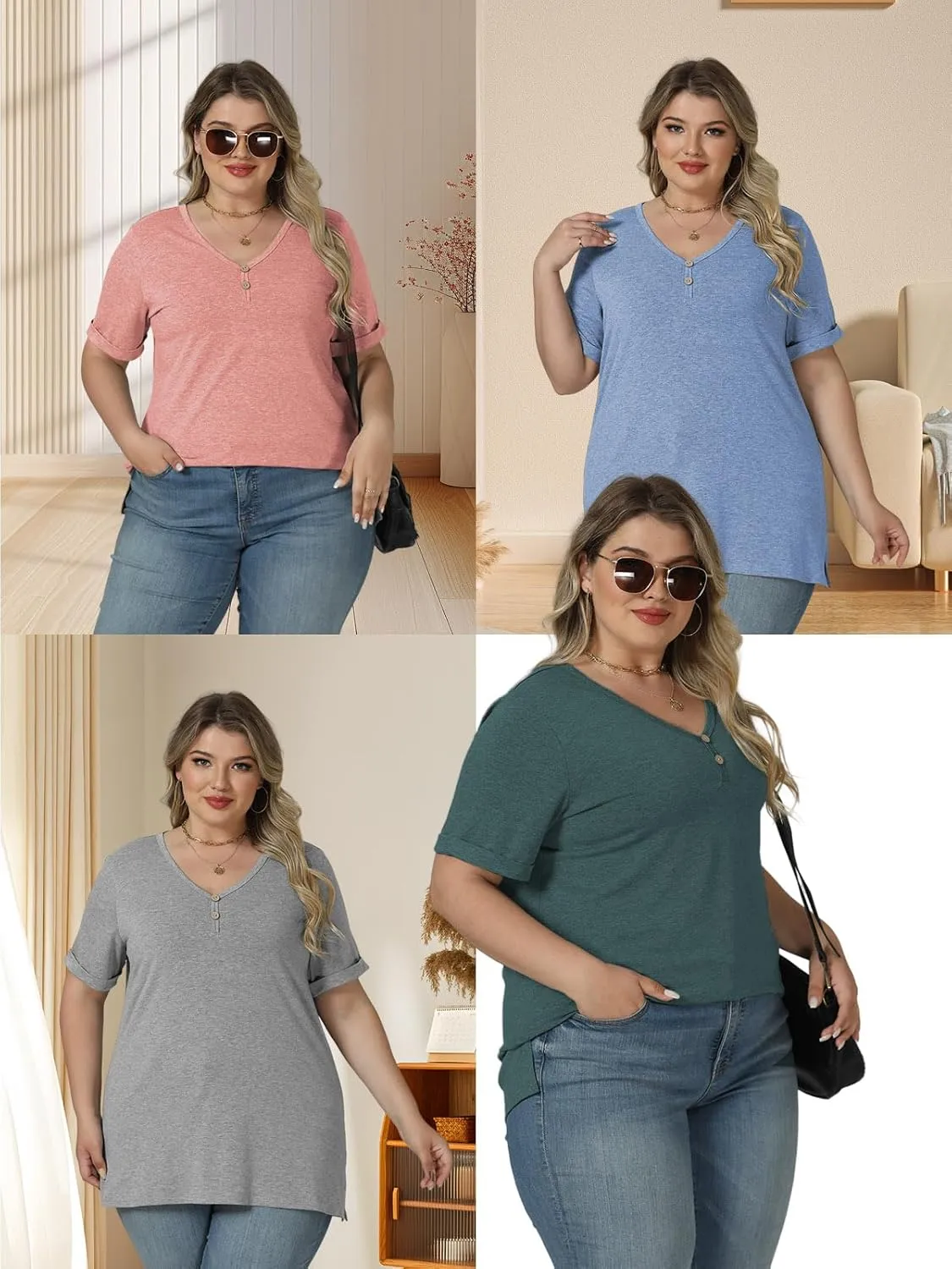 ROSRISS Plus Size Tops for Women Casual V-Neck Side Split Blouses Loose Fit Short Sleeve Tees Summer Cozy Buttons Shirts