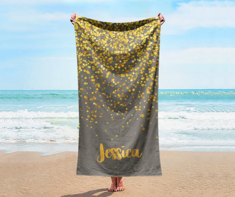 Sparkling Gold Name Personalized Beach Towel Personalized Name Bath Towel Custom Pool Towel Beach Towel With Name Birthday Vacation Gift