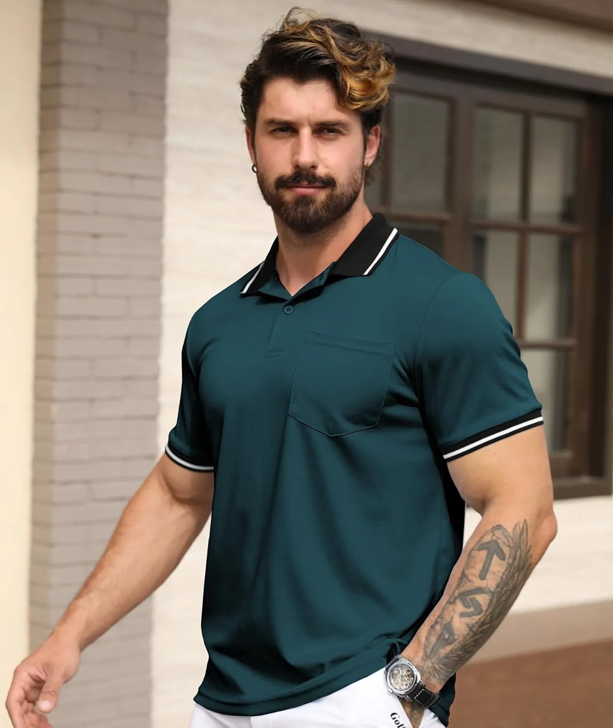 ZITY Mens Polo Shirts Casual Short Sleeve Athletic T-Shirts Classic Contrast Collar Shirt with Pocket
